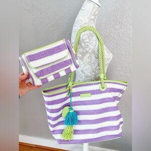 Vera Bradley Striped Tote and Cosmetic bag in Lilac Stripe skull tassel details
